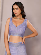 Janasya Lavender Cotton Linen Floral Printed Saree | Grocsy