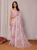 Janasya Mauve Cotton Linen Floral Printed Saree | Grocsy