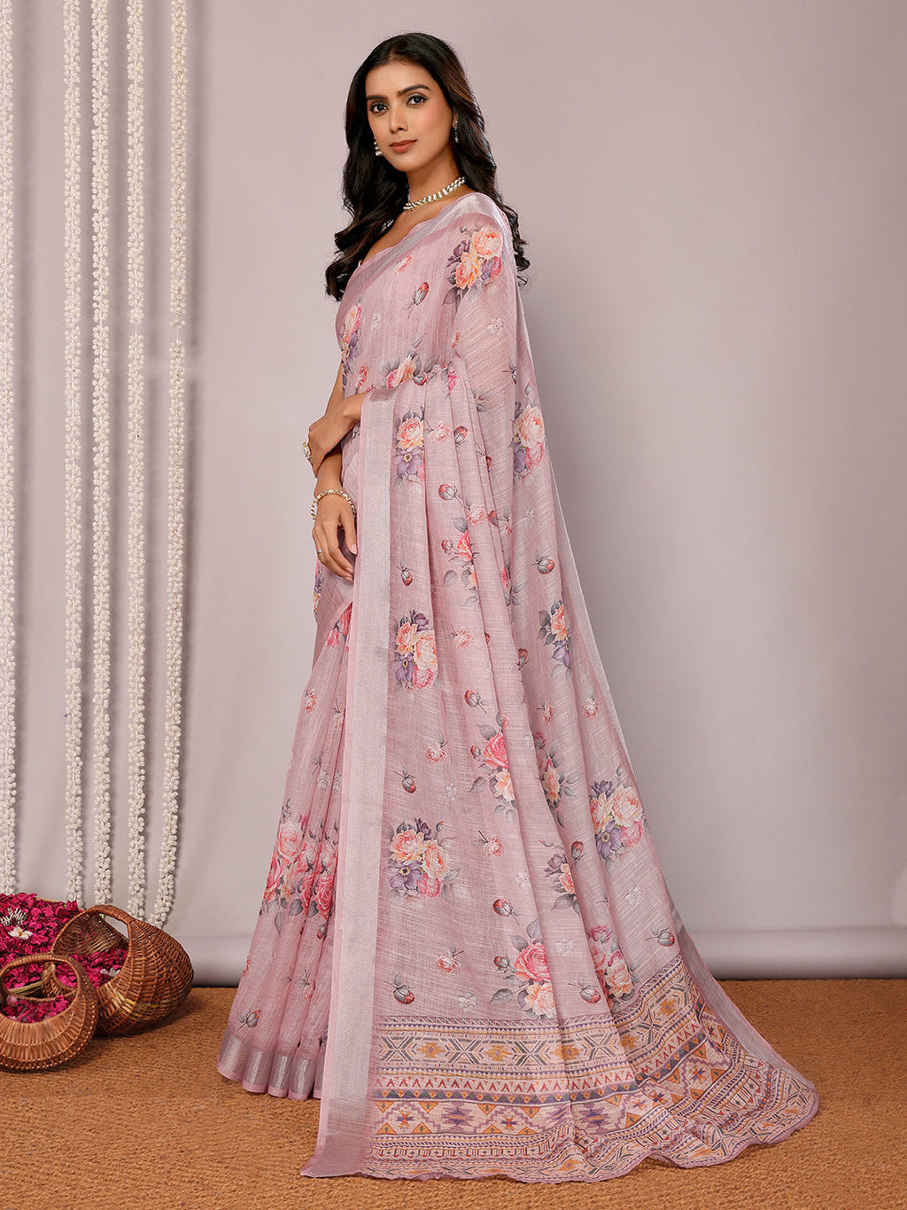 Janasya Mauve Cotton Linen Floral Printed Saree | Grocsy
