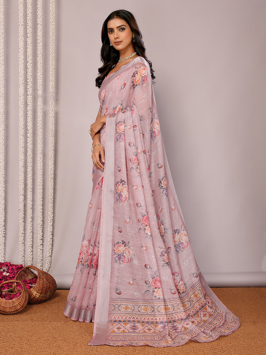 Janasya Mauve Cotton Linen Floral Printed Saree | Grocsy
