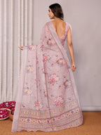 Janasya Mauve Cotton Linen Floral Printed Saree | Grocsy