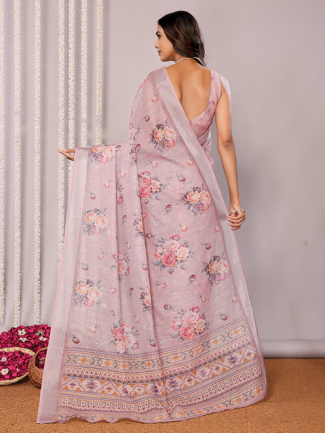 Janasya Mauve Cotton Linen Floral Printed Saree | Grocsy
