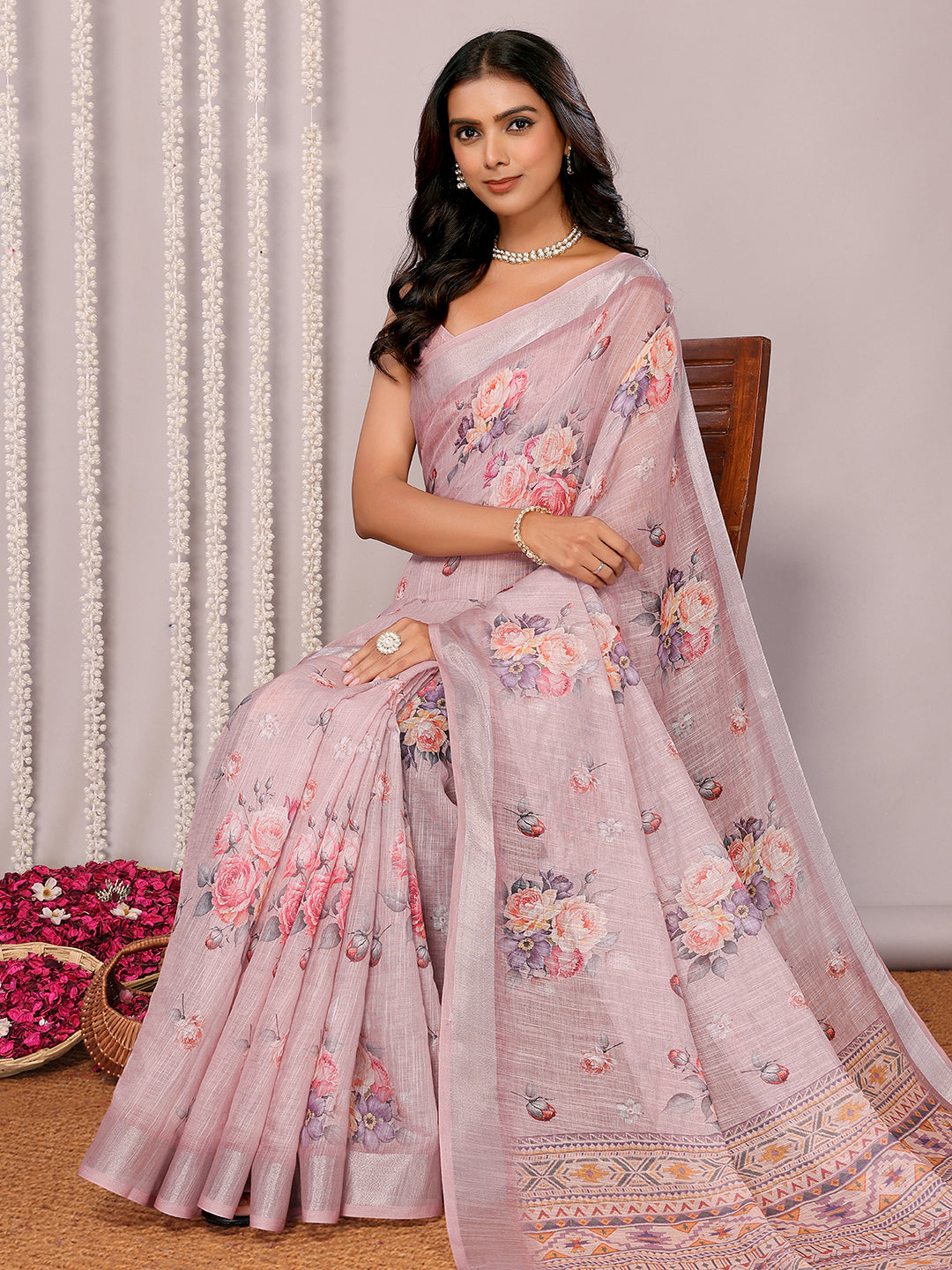 Janasya Mauve Cotton Linen Floral Printed Saree | Grocsy