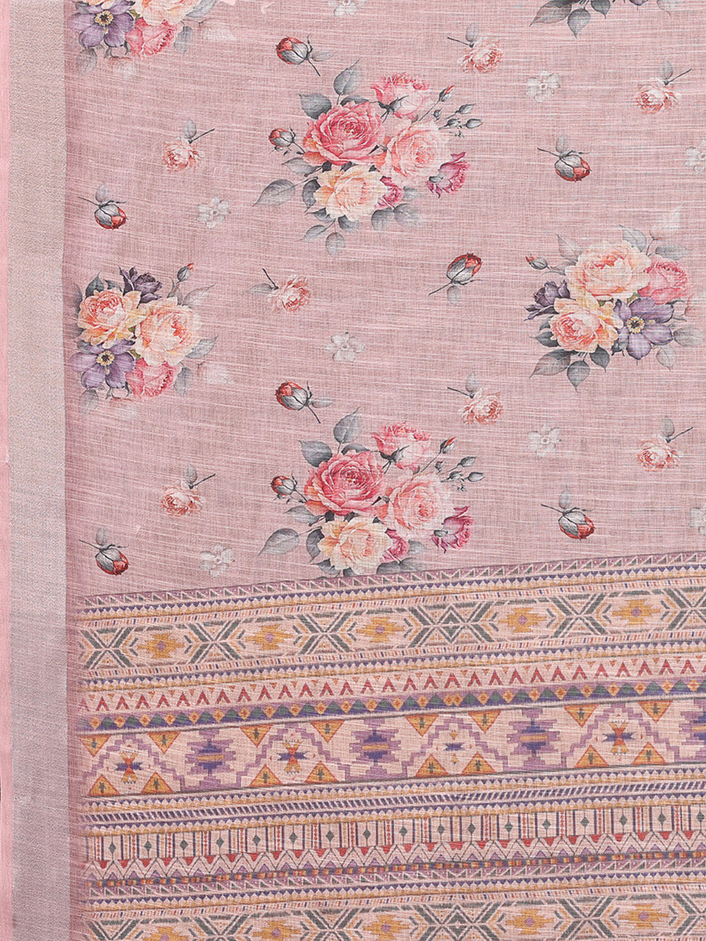 Janasya Mauve Cotton Linen Floral Printed Saree | Grocsy