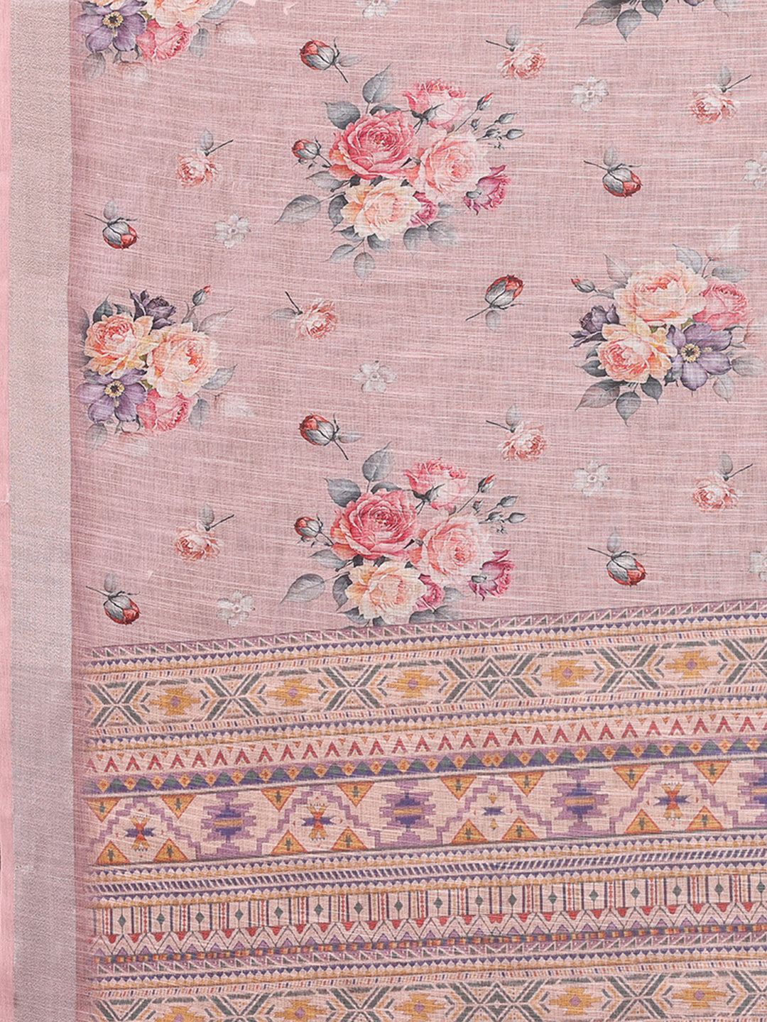 Janasya Mauve Cotton Linen Floral Printed Saree | Grocsy