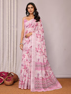 Janasya Pink Cotton Linen Floral Printed Saree | Grocsy