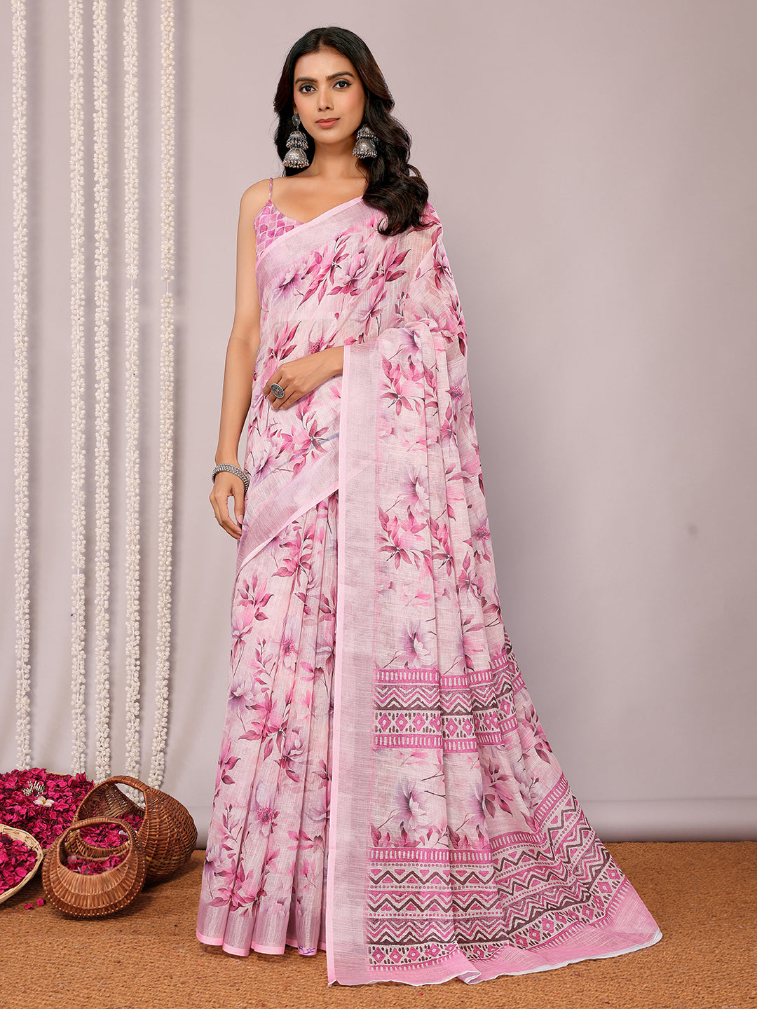 Janasya Pink Cotton Linen Floral Printed Saree | Grocsy