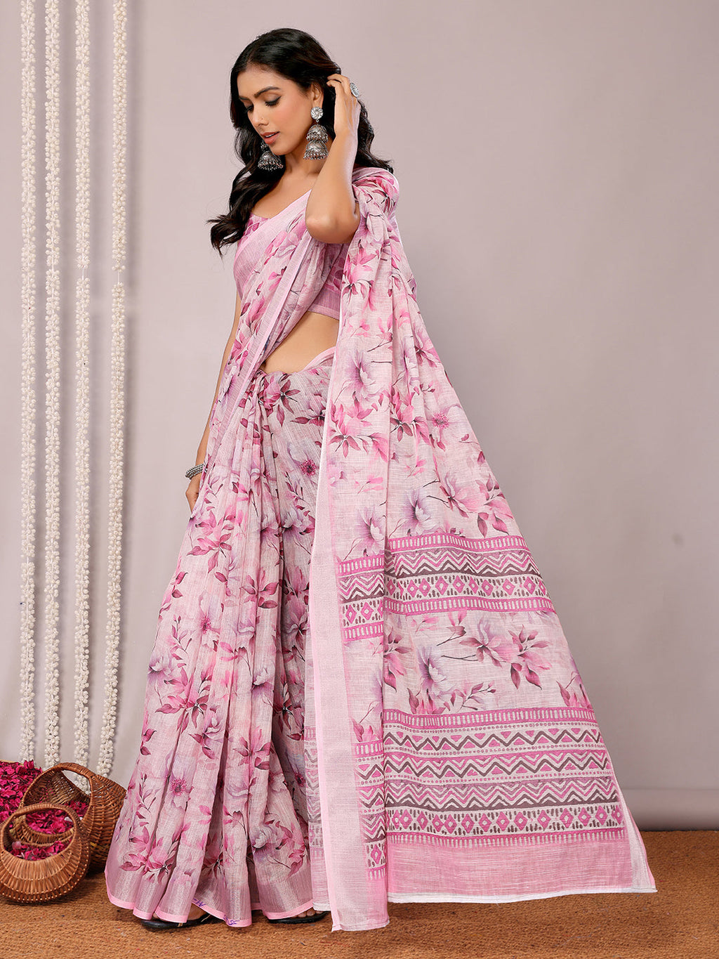 Janasya Pink Cotton Linen Floral Printed Saree | Grocsy