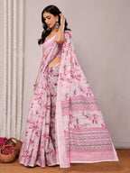 Janasya Pink Cotton Linen Floral Printed Saree | Grocsy
