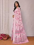 Janasya Pink Cotton Linen Floral Printed Saree | Grocsy