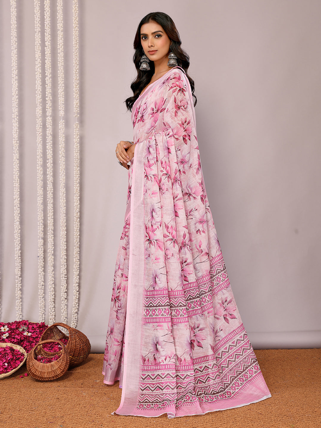 Janasya Pink Cotton Linen Floral Printed Saree | Grocsy