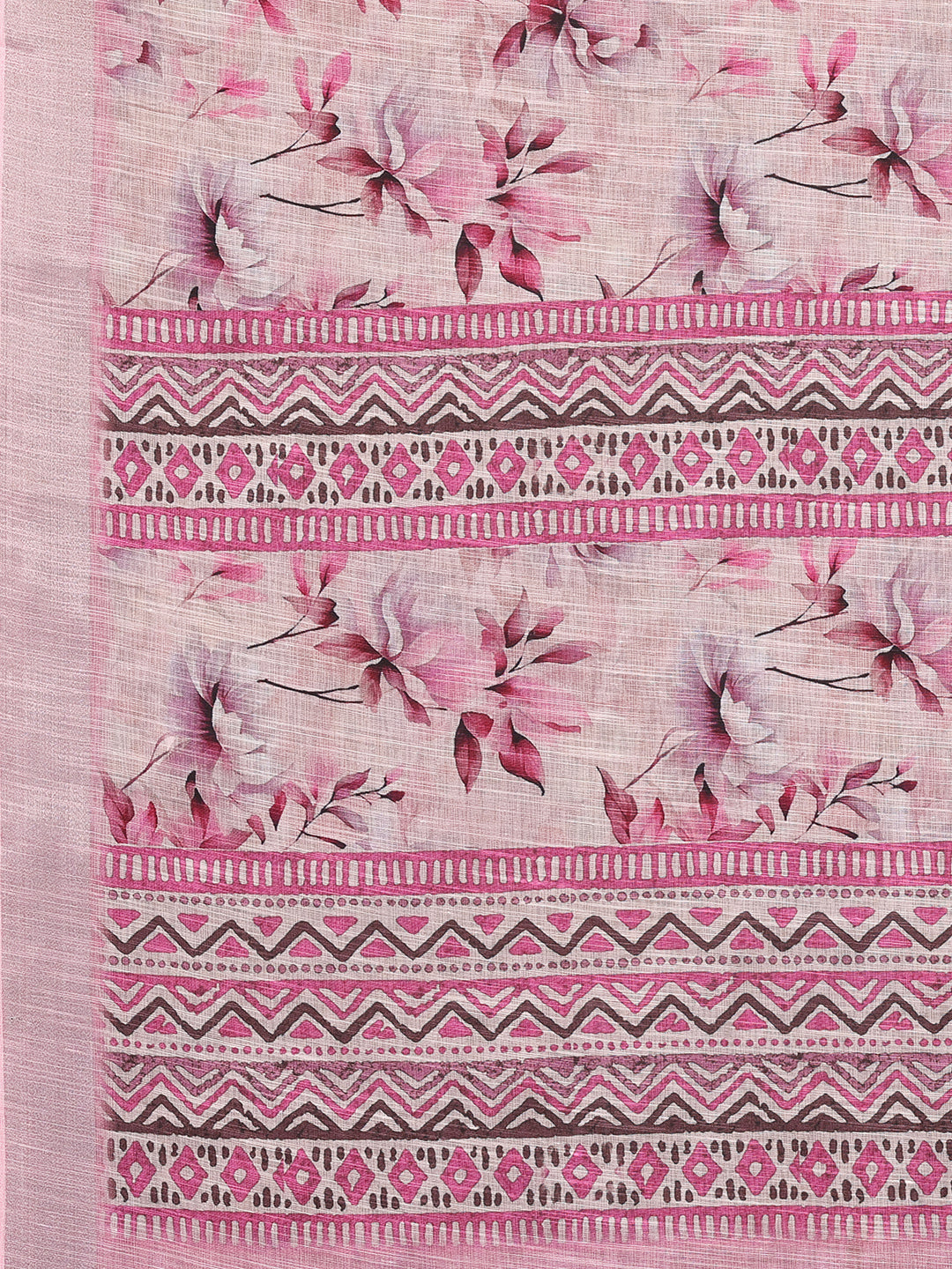 Janasya Pink Cotton Linen Floral Printed Saree | Grocsy