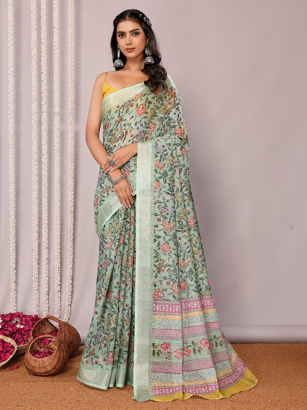 Janasya Sage Green Cotton Linen Floral Printed Saree | Grocsy