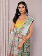 Janasya Sage Green Cotton Linen Floral Printed Saree | Grocsy