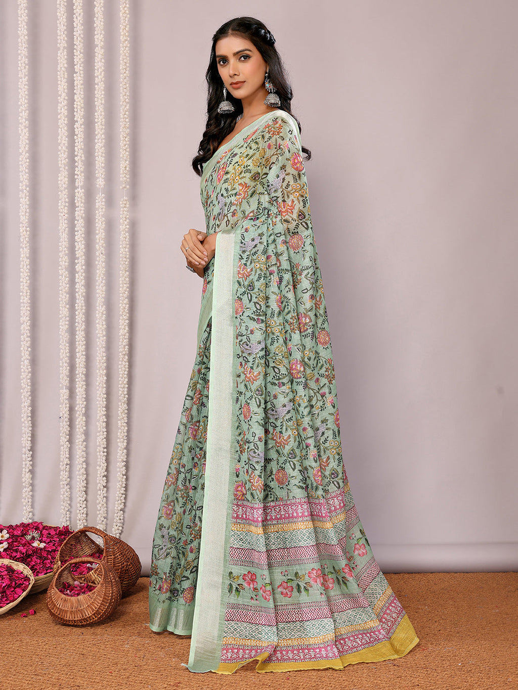 Janasya Sage Green Cotton Linen Floral Printed Saree | Grocsy