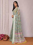 Janasya Sage Green Cotton Linen Floral Printed Saree | Grocsy