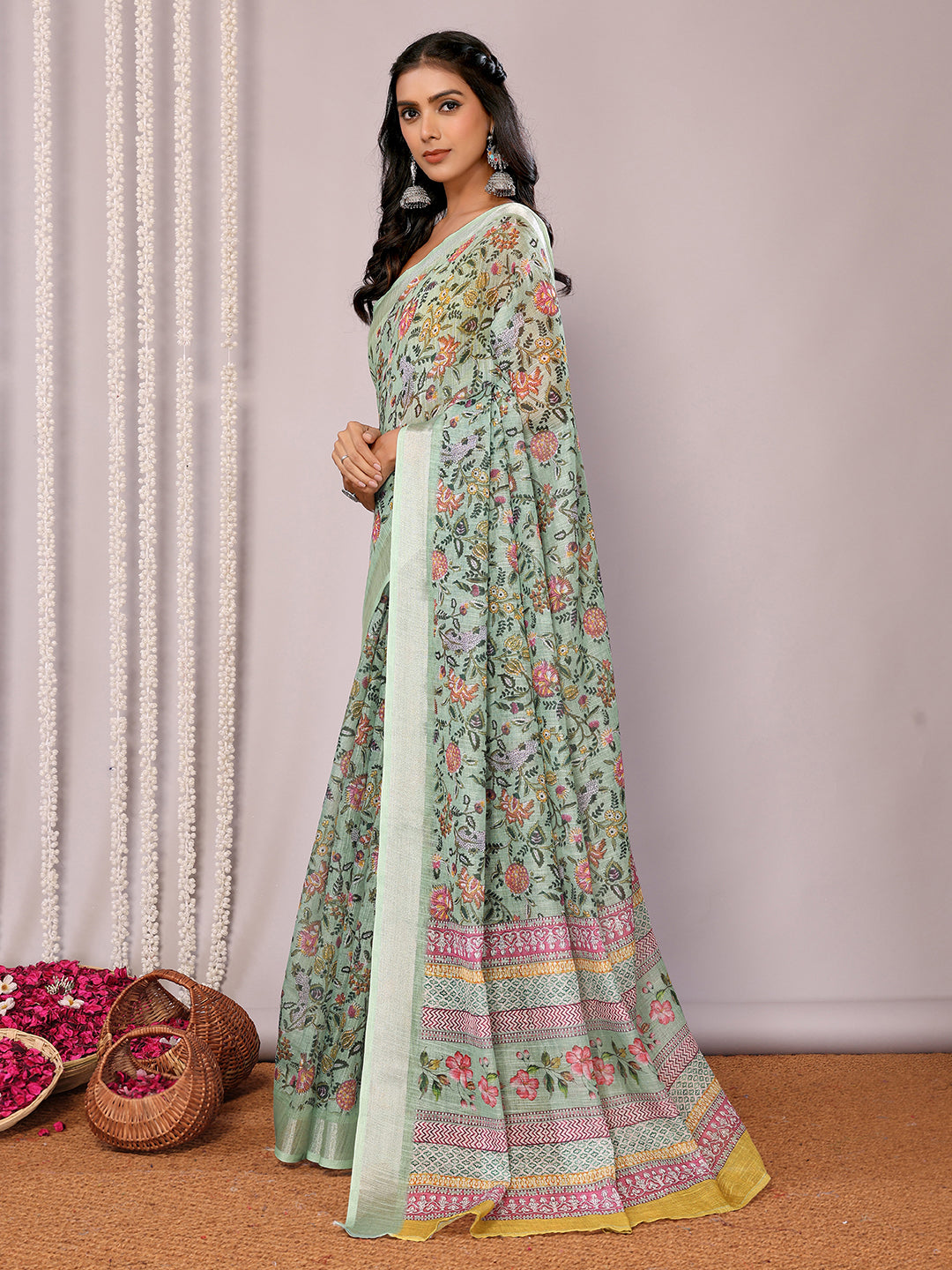 Janasya Sage Green Cotton Linen Floral Printed Saree | Grocsy