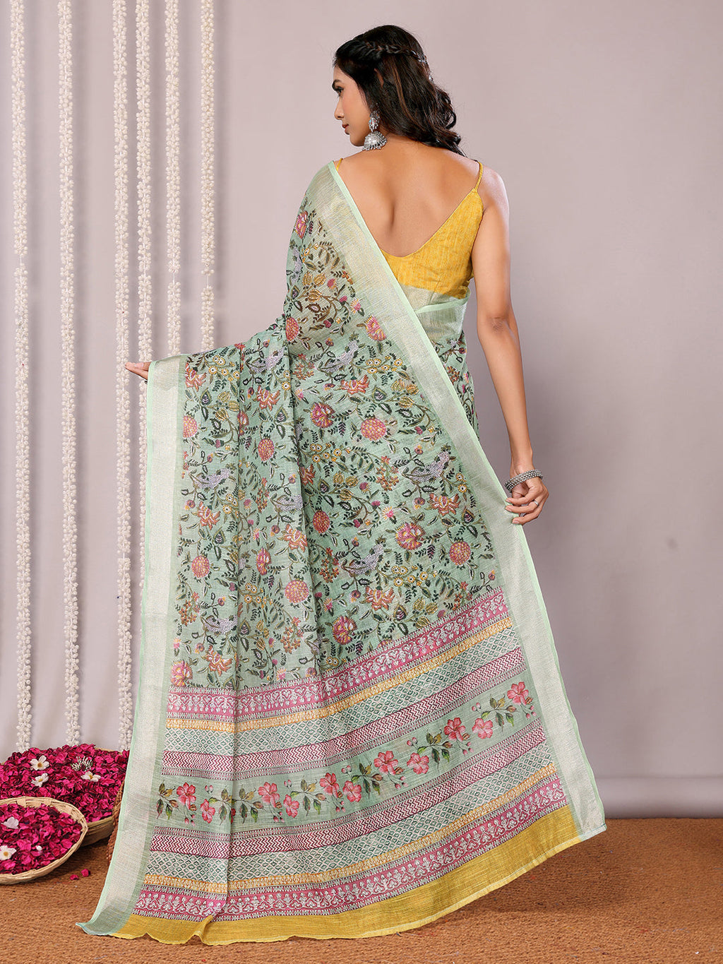 Janasya Sage Green Cotton Linen Floral Printed Saree | Grocsy