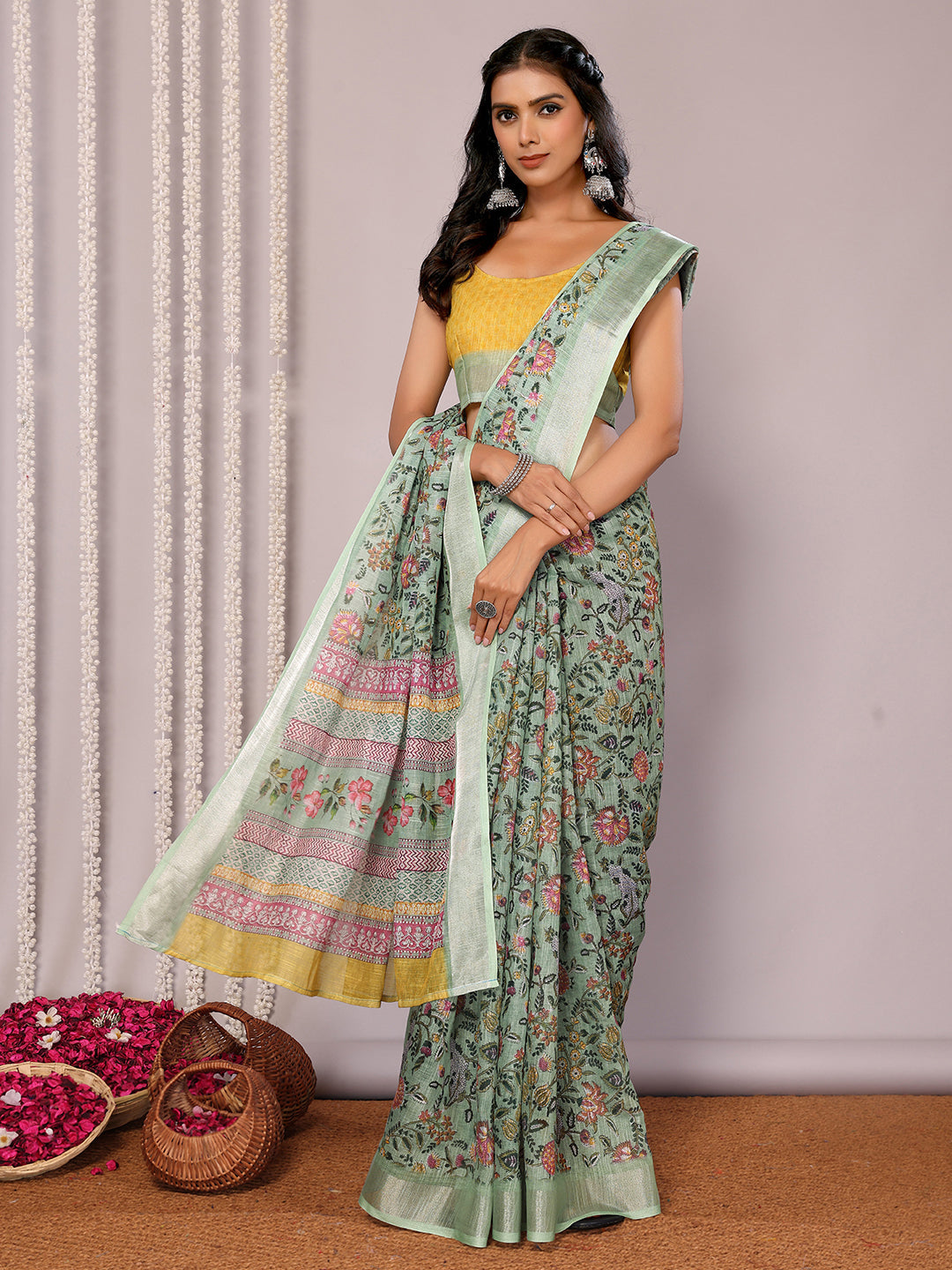 Janasya Sage Green Cotton Linen Floral Printed Saree | Grocsy