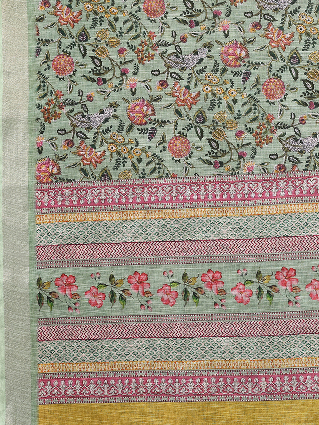 Janasya Sage Green Cotton Linen Floral Printed Saree | Grocsy