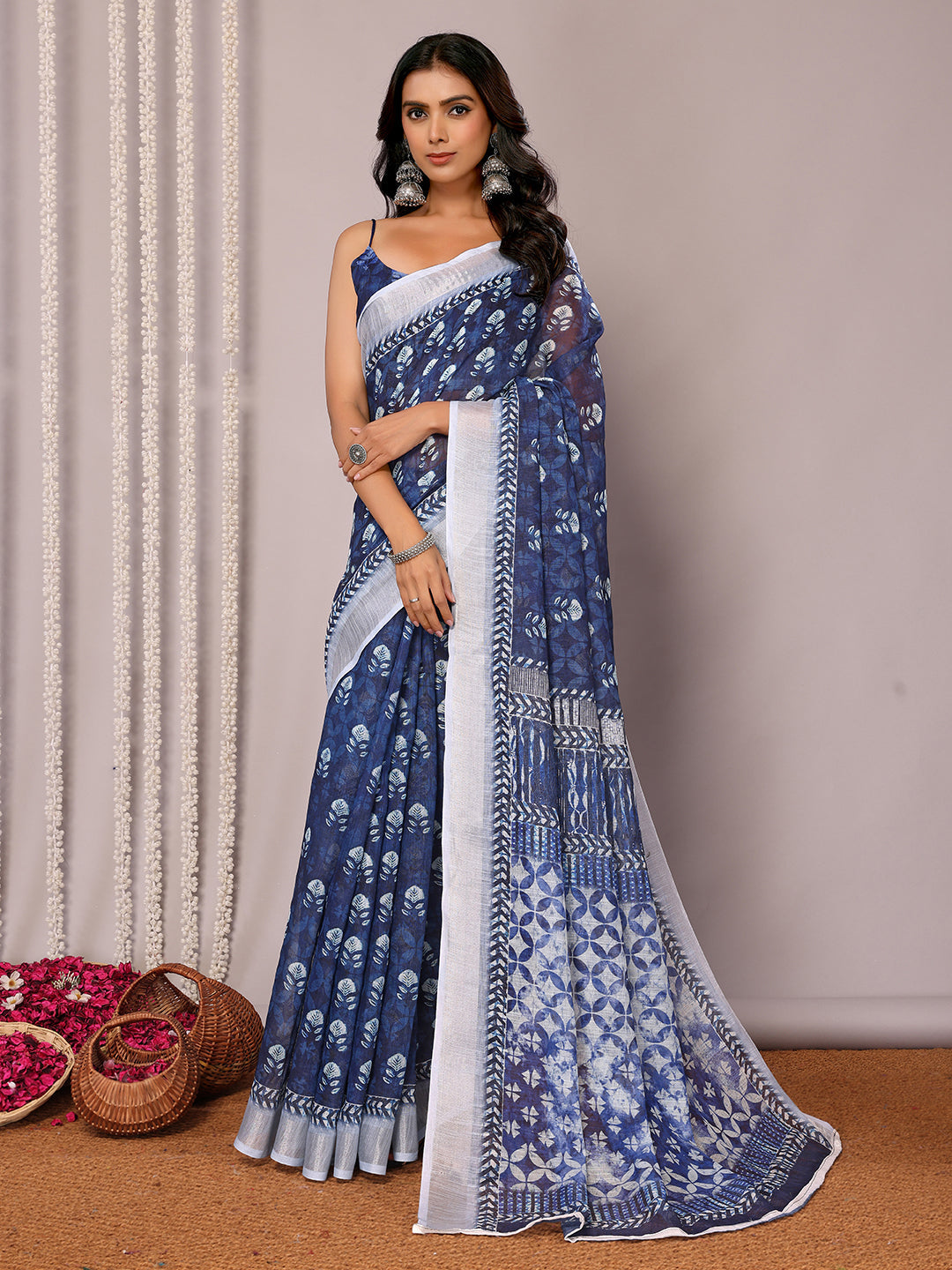 Janasya Navy Blue Cotton Linen Block Print Printed Saree | Grocsy
