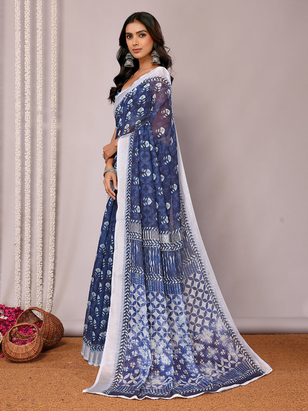 Janasya Navy Blue Cotton Linen Block Print Printed Saree | Grocsy