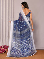 Janasya Navy Blue Cotton Linen Block Print Printed Saree | Grocsy