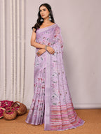 Janasya Lavender Cotton Linen Floral Printed Saree | Grocsy