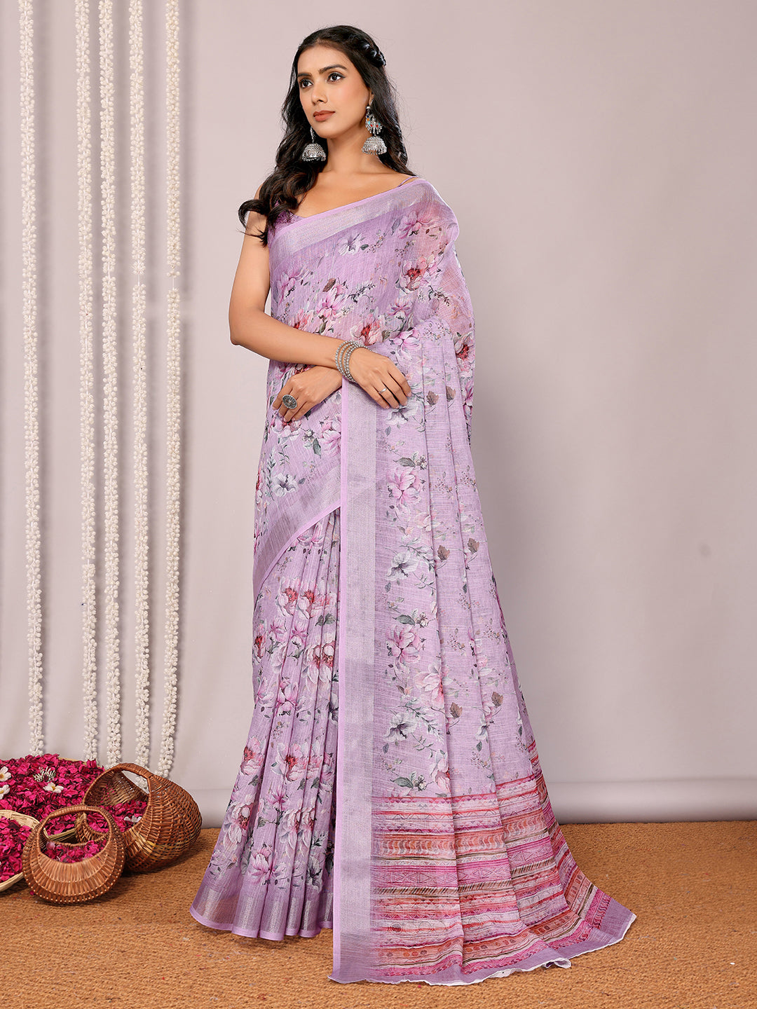 Janasya Lavender Cotton Linen Floral Printed Saree | Grocsy