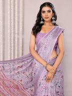 Janasya Lavender Cotton Linen Floral Printed Saree | Grocsy
