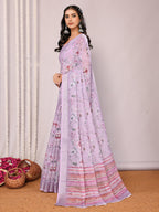 Janasya Lavender Cotton Linen Floral Printed Saree | Grocsy