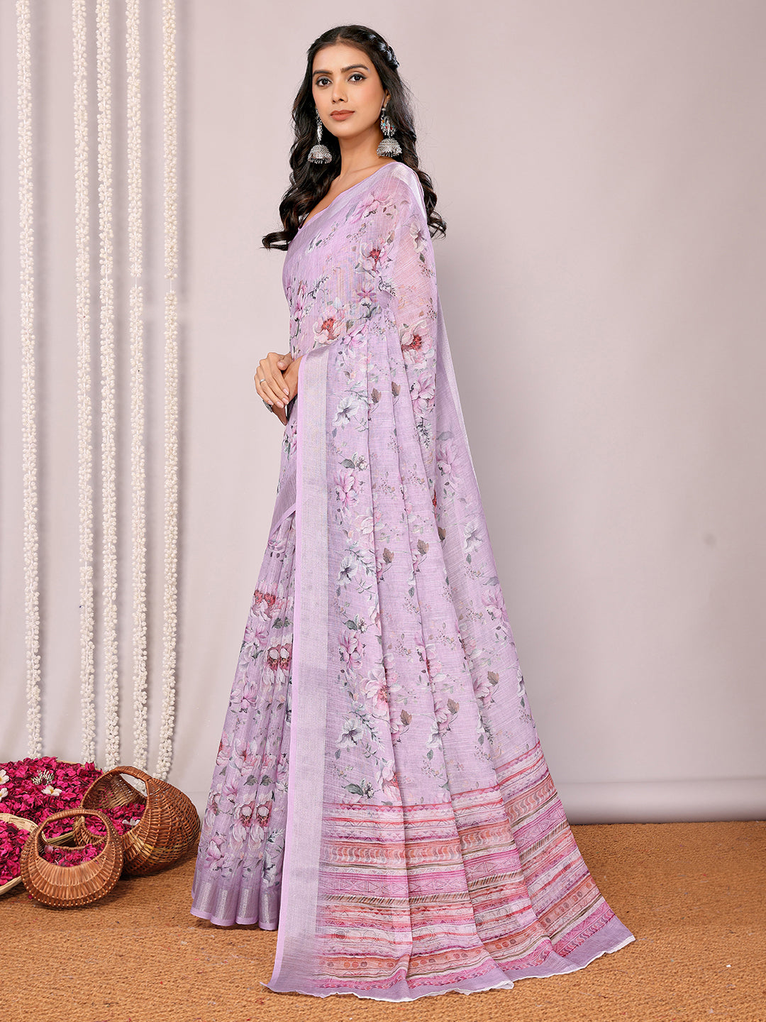 Janasya Lavender Cotton Linen Floral Printed Saree | Grocsy