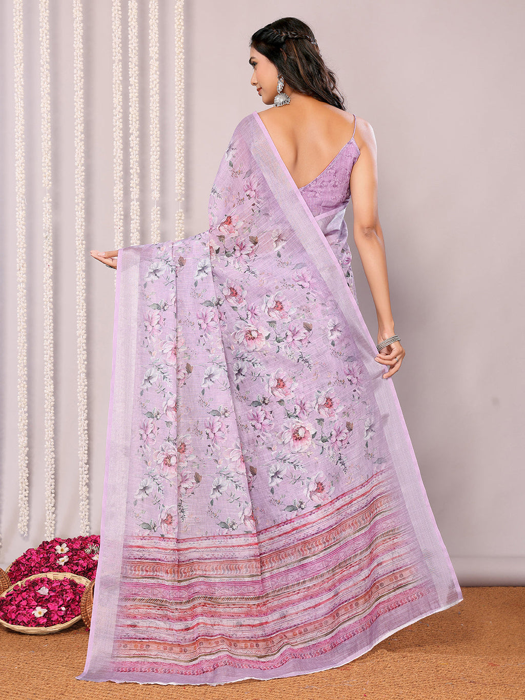 Janasya Lavender Cotton Linen Floral Printed Saree | Grocsy