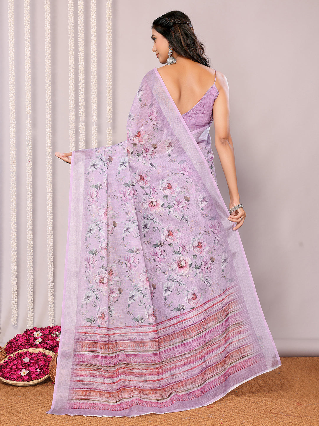 Janasya Lavender Cotton Linen Floral Printed Saree | Grocsy