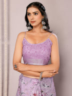 Janasya Lavender Cotton Linen Floral Printed Saree | Grocsy