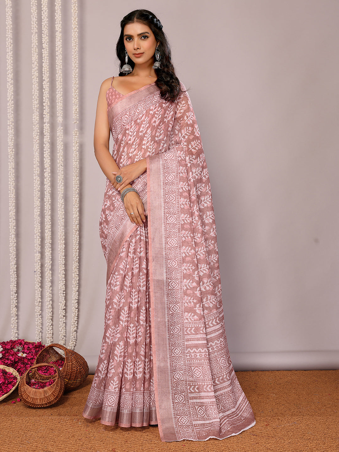 Janasya Mauve Cotton Linen Block Print Printed Saree | Grocsy