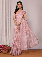 Janasya Mauve Cotton Linen Block Print Printed Saree | Grocsy