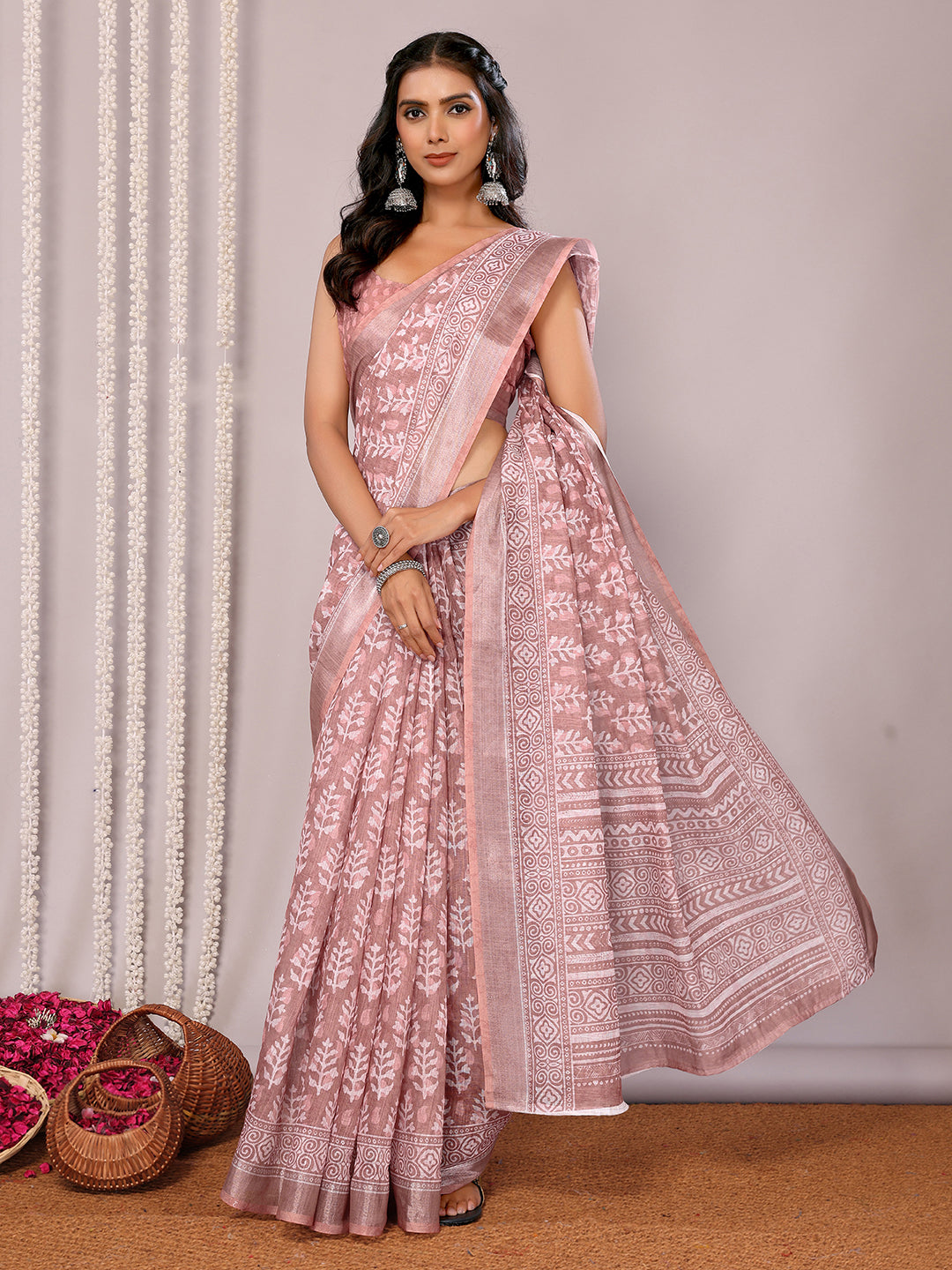 Janasya Mauve Cotton Linen Block Print Printed Saree | Grocsy