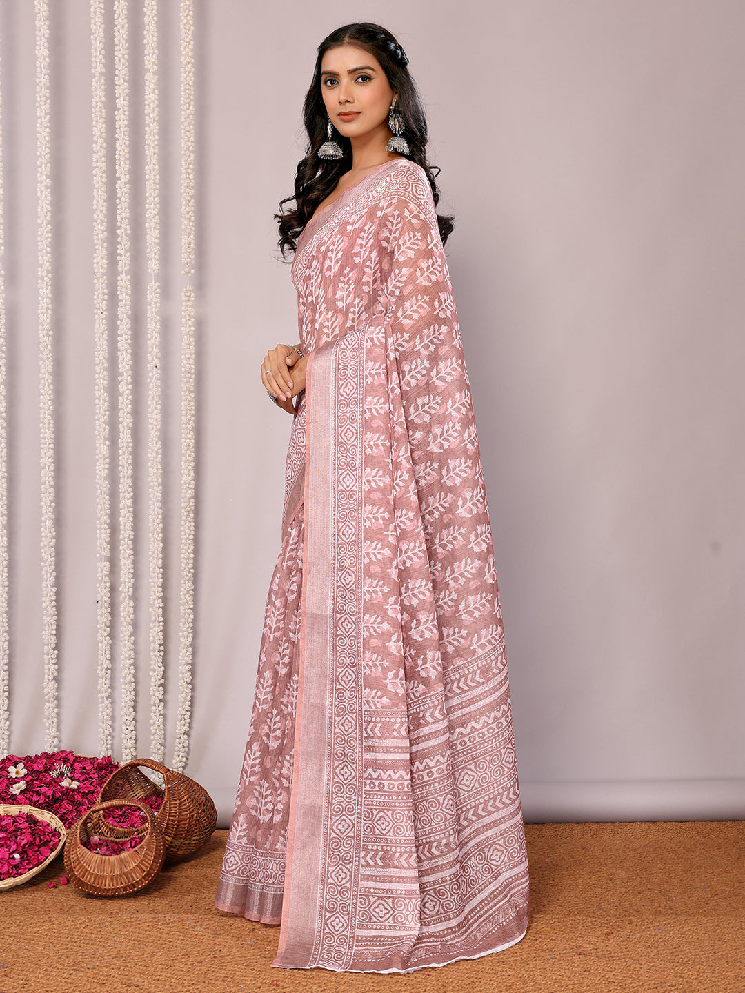 Janasya Mauve Cotton Linen Block Print Printed Saree | Grocsy