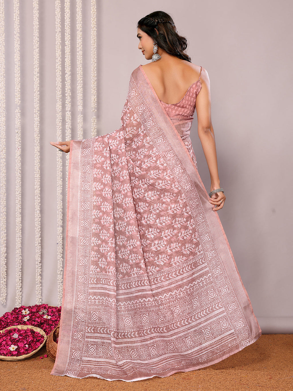 Janasya Mauve Cotton Linen Block Print Printed Saree | Grocsy