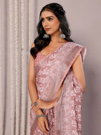 Janasya Mauve Cotton Linen Block Print Printed Saree | Grocsy