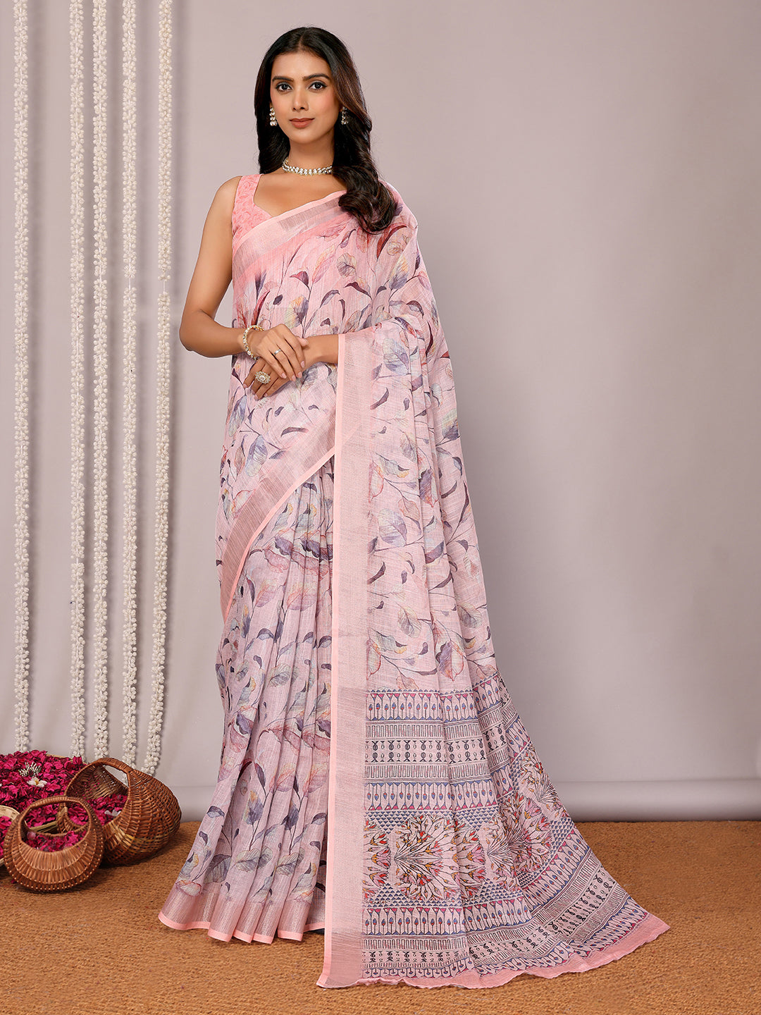 Janasya Light Pink Cotton Linen Floral Printed Saree | Grocsy