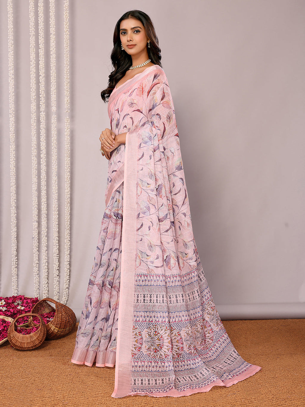 Janasya Light Pink Cotton Linen Floral Printed Saree | Grocsy