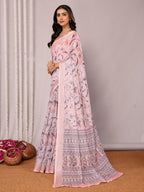 Janasya Light Pink Cotton Linen Floral Printed Saree | Grocsy