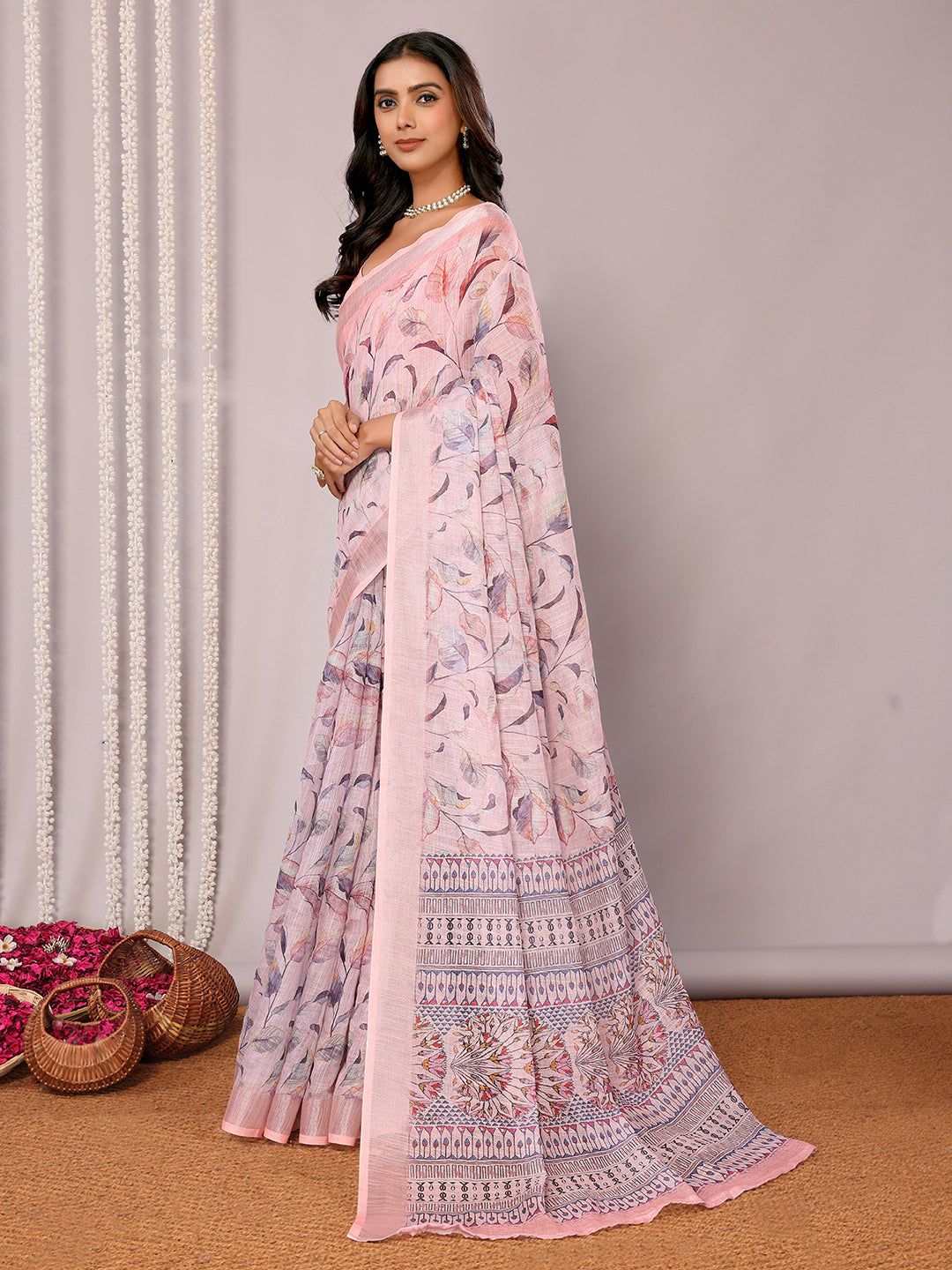 Janasya Light Pink Cotton Linen Floral Printed Saree | Grocsy
