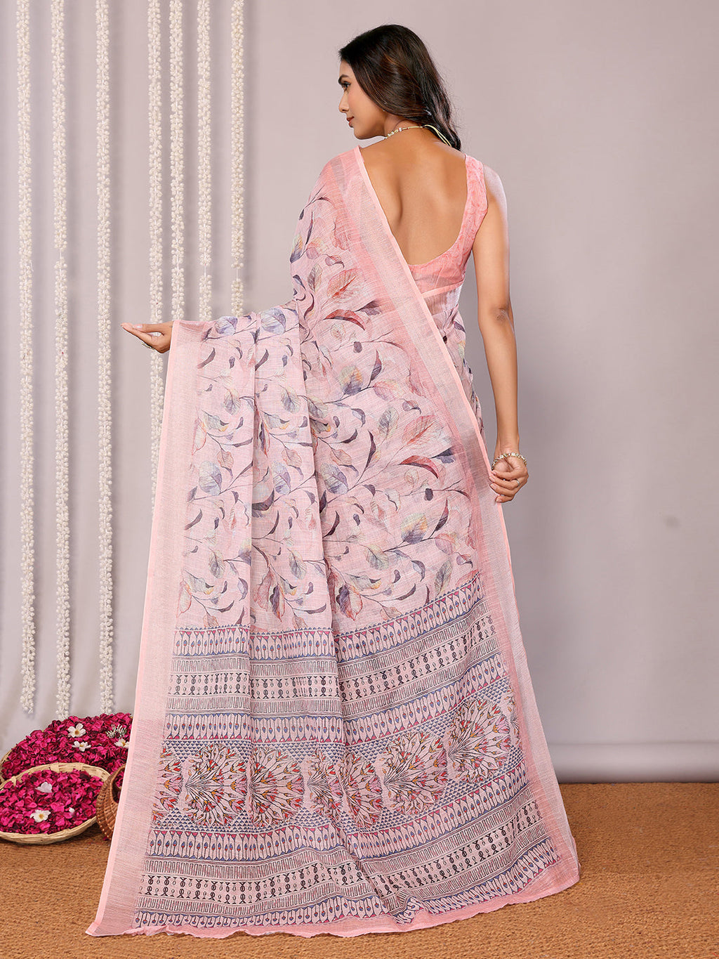 Janasya Light Pink Cotton Linen Floral Printed Saree | Grocsy