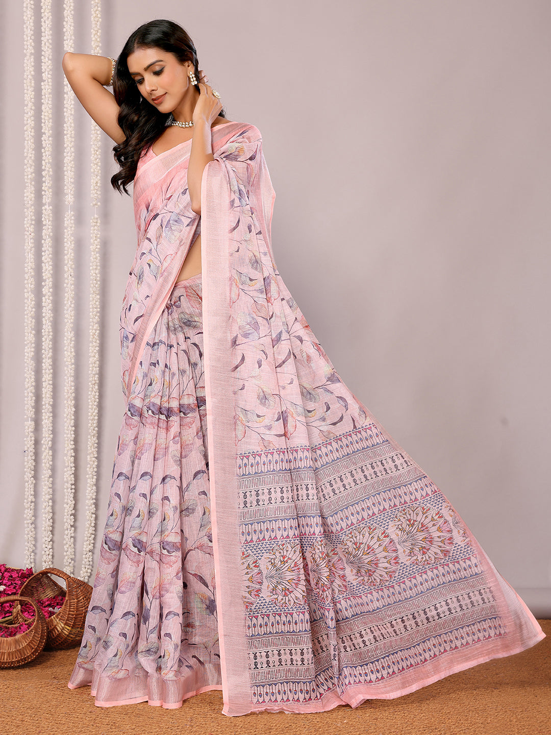 Janasya Light Pink Cotton Linen Floral Printed Saree | Grocsy