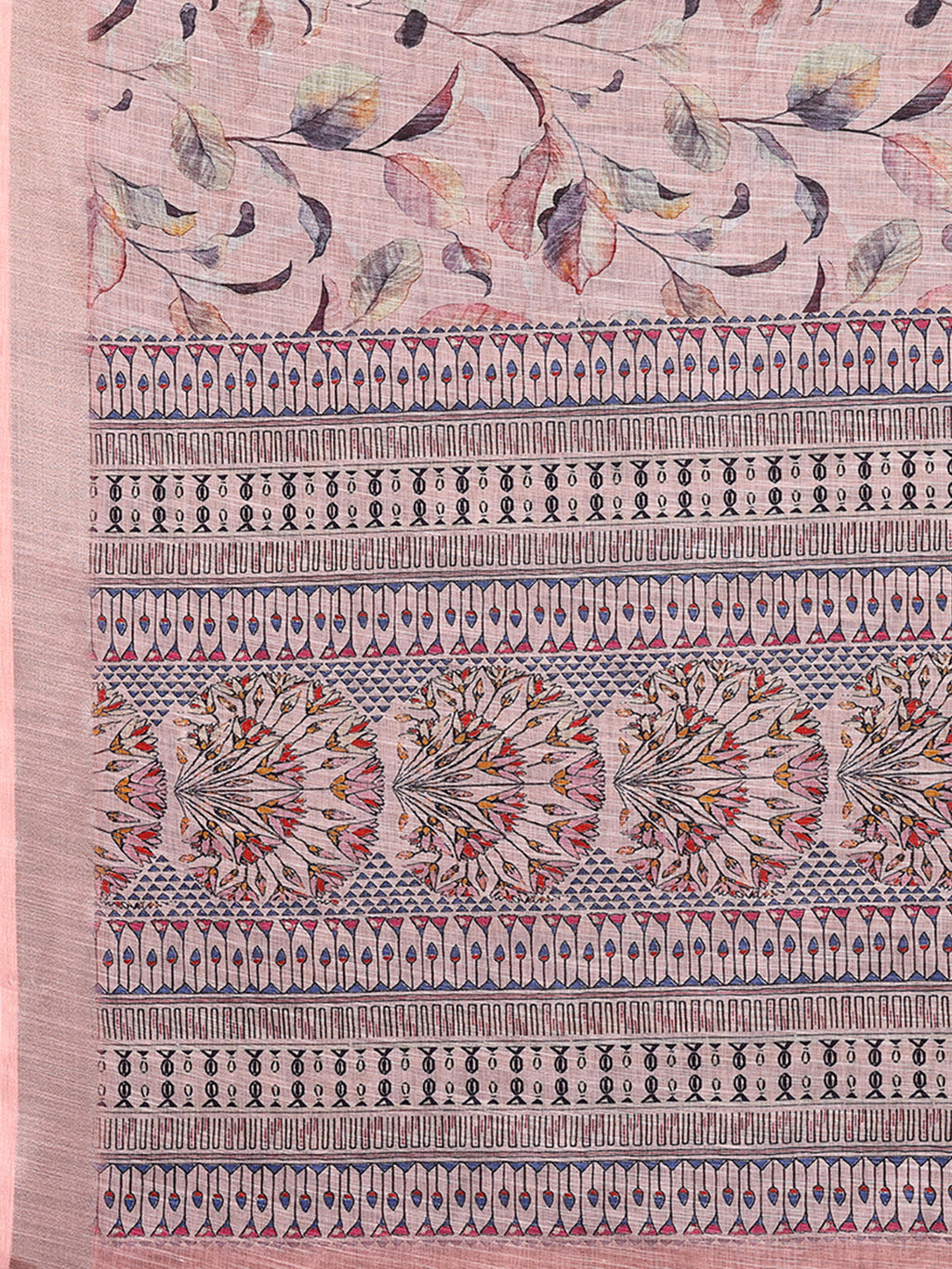Janasya Light Pink Cotton Linen Floral Printed Saree | Grocsy