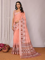 Janasya Peach Cotton Linen Ikkat Printed Saree | Grocsy