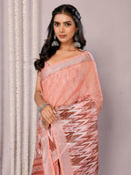 Janasya Peach Cotton Linen Ikkat Printed Saree | Grocsy